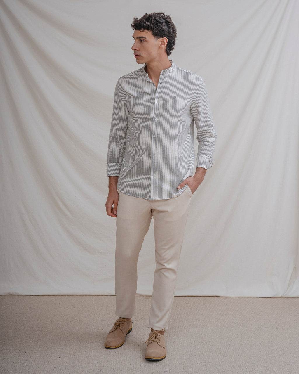 CAMISA CUELLO MAO LINO RAYA VERDE