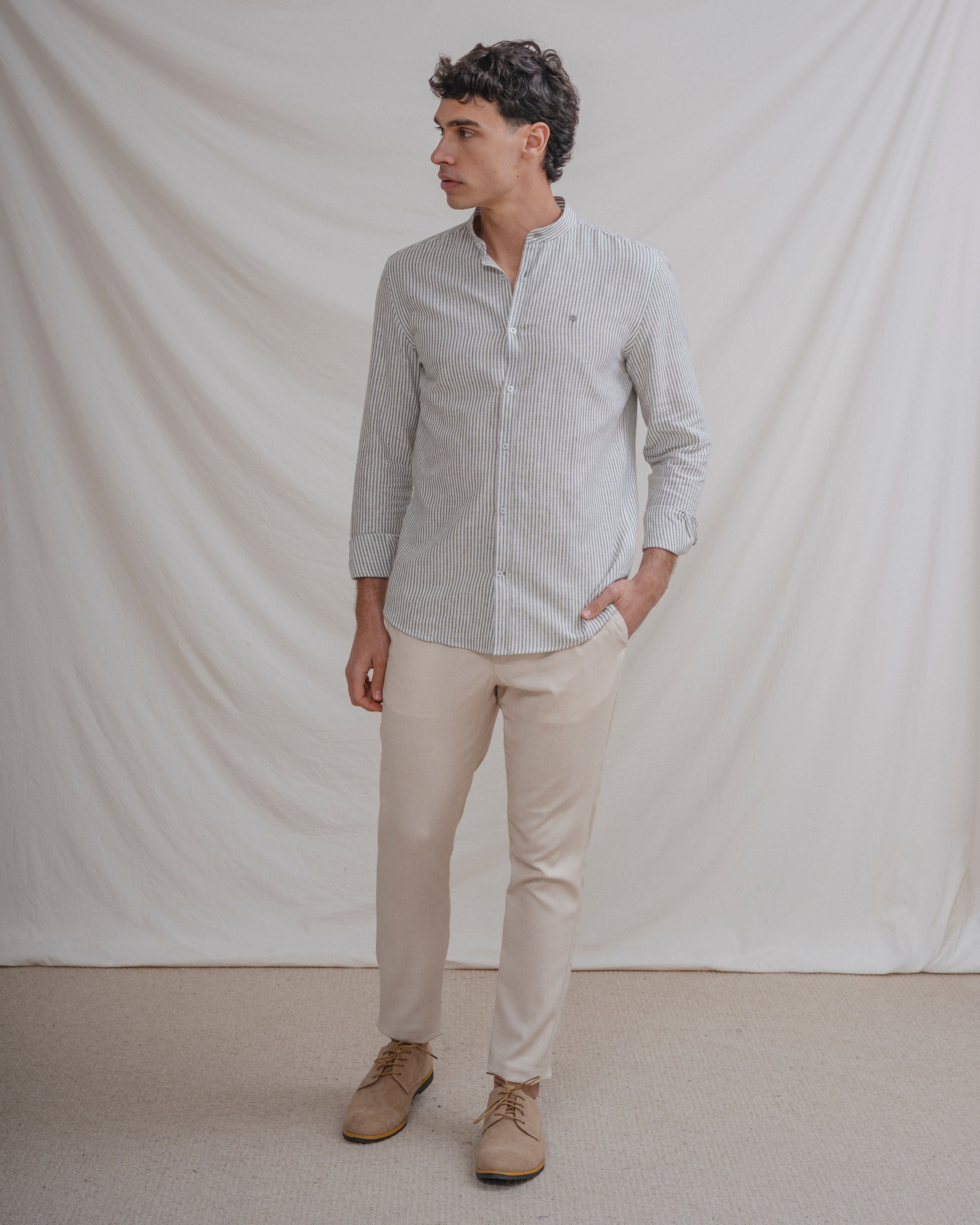 CAMISA CUELLO MAO LINO RAYA VERDE