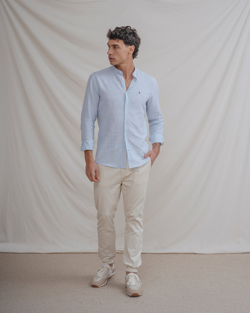 CAMISA CUELLO MAO LINO RAYA CELESTE