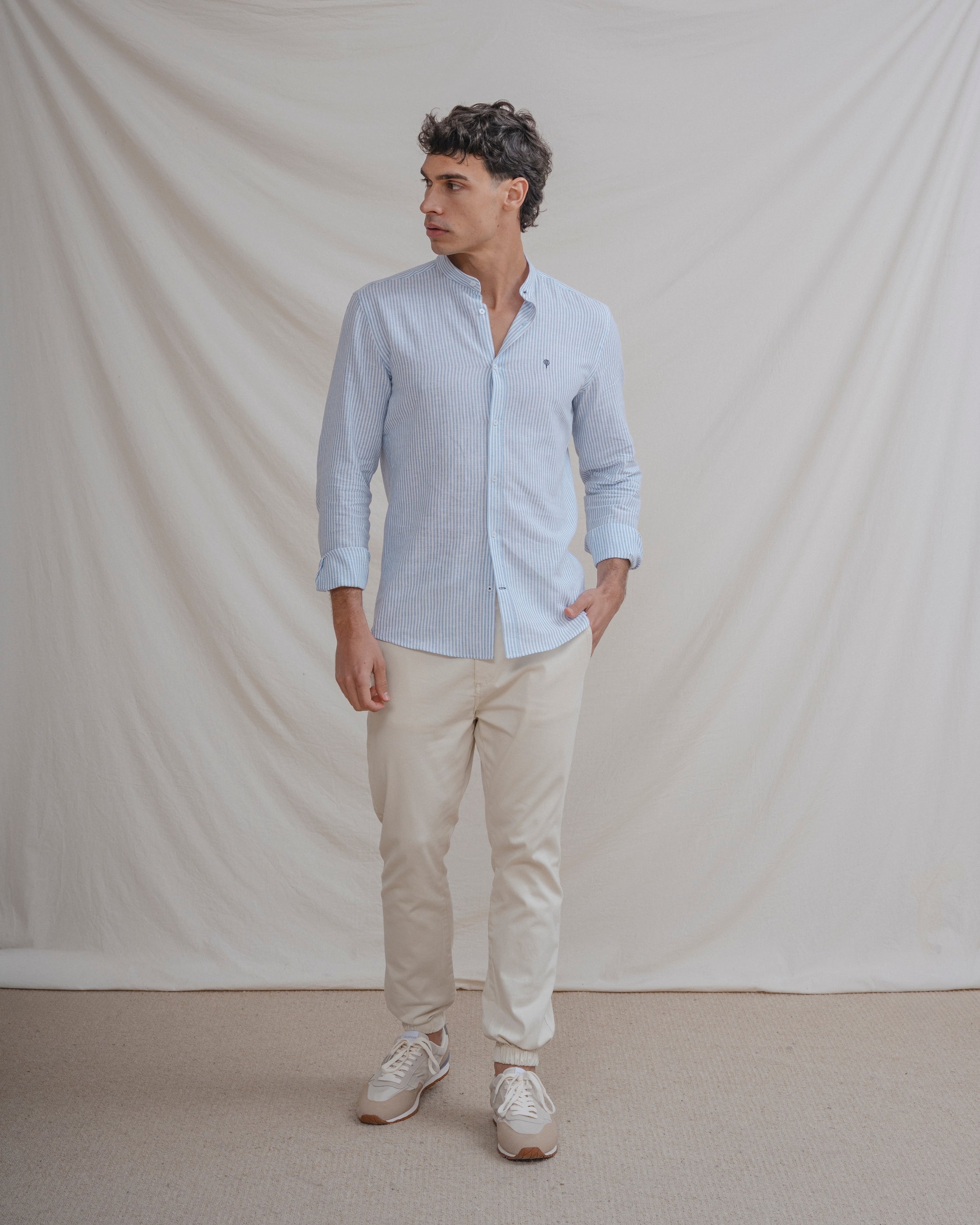 CAMISA CUELLO MAO LINO RAYA CELESTE