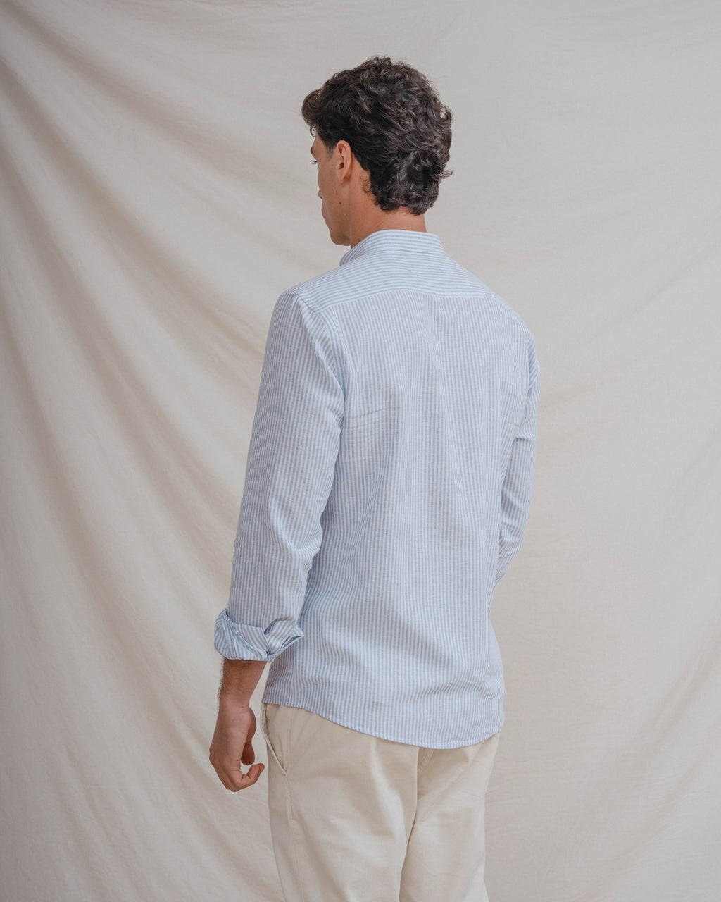 CAMISA CUELLO MAO LINO RAYA CELESTE